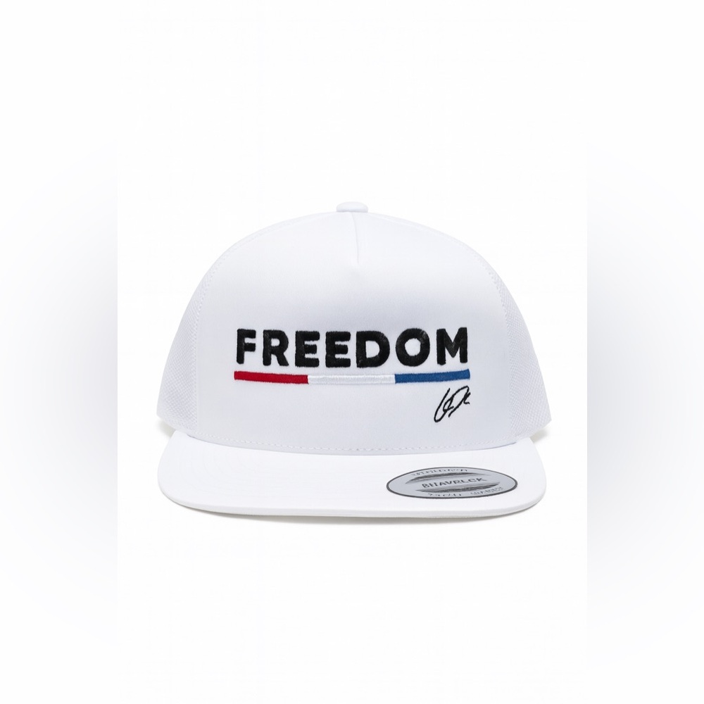 FREEDOM Charlie Kirk Hat with initials CJK Embroidered White Yupoong 6006 Snap